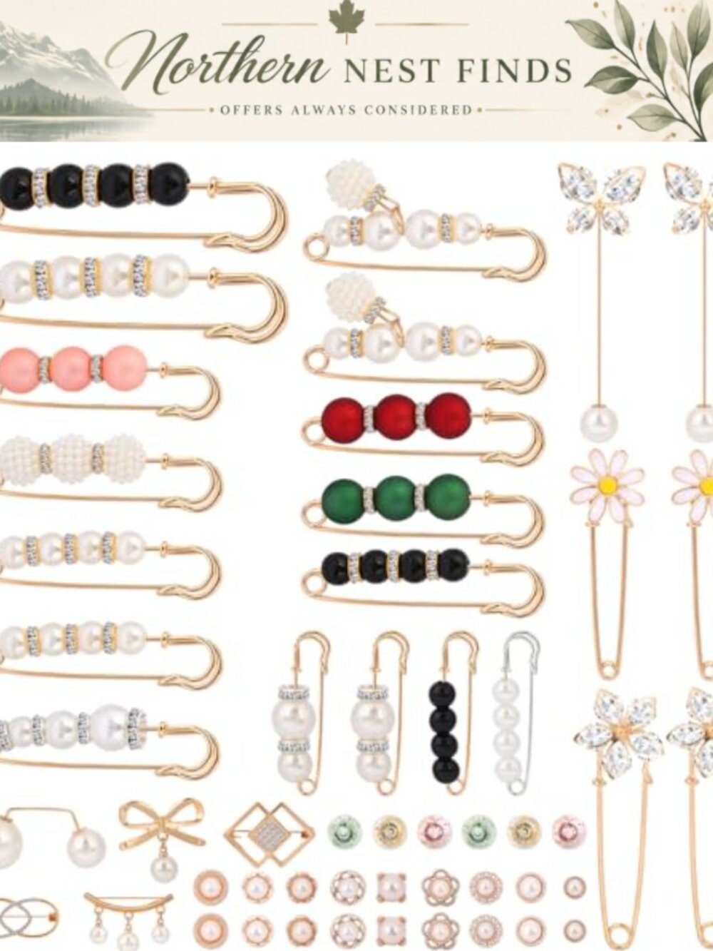 50pc Pearl Brooch Pins Alloy Rhinestone Snap Buttons for Clothing